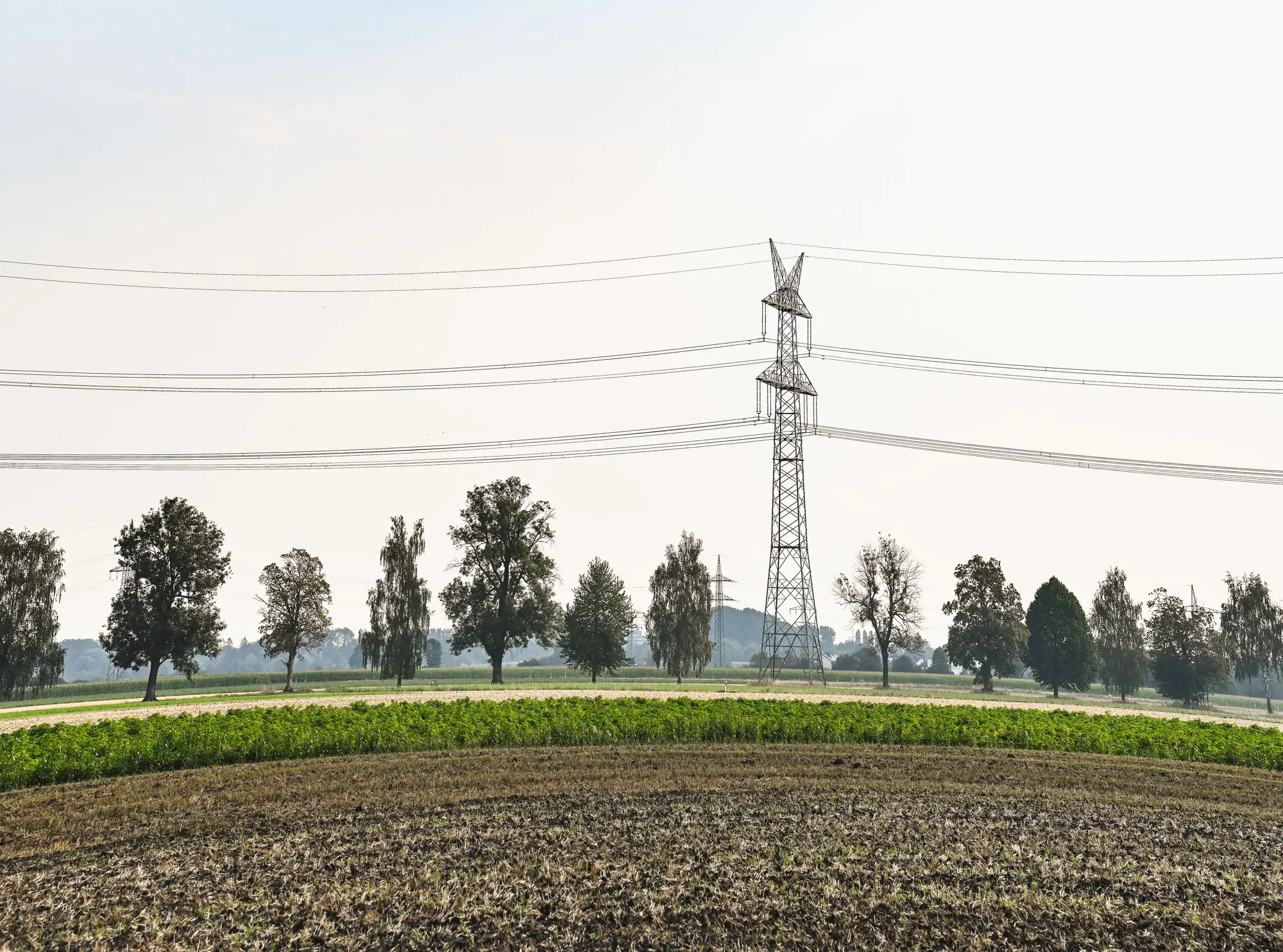 A steel transmission tower carrying lines over a ploughed field, with a row of trees behind it